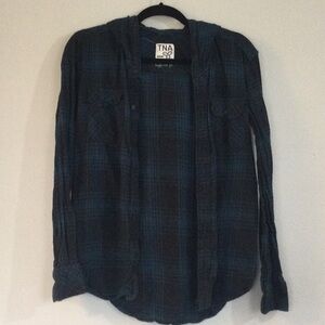 TNA, TEAL AND GRAY, HOODED BUTTON UP FLANNEL LONG SLEEVE SHIRT, USED, XSMALL